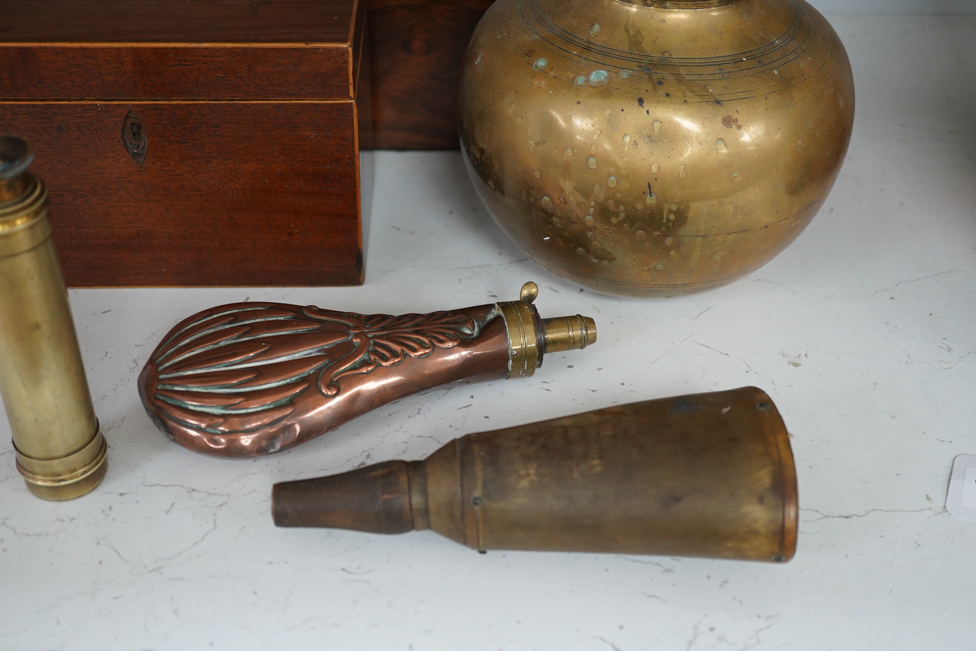 A 19th century inlaid rosewood 'Grabuge' box, a tea caddy, two shot flasks, telescope and brass bowl, largest 34cm wide. Condition - mostly fair